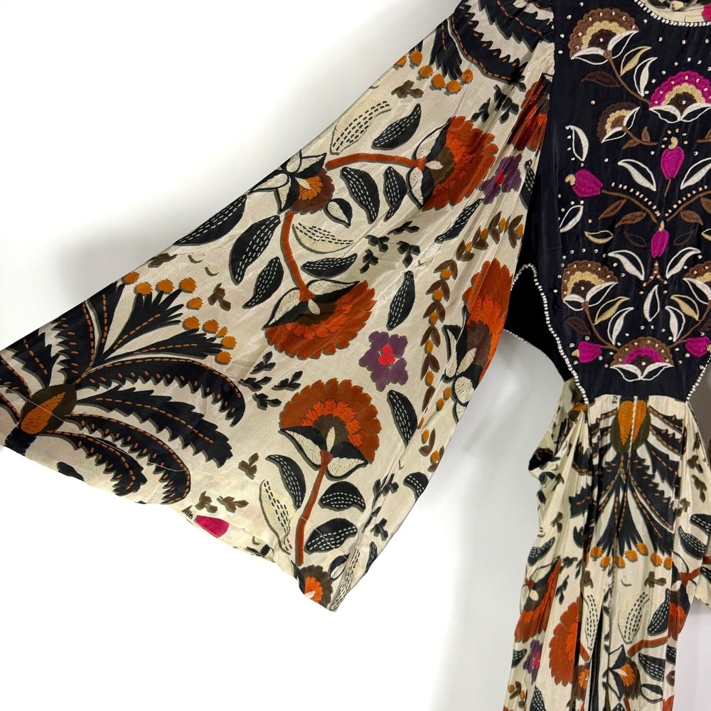 Farm Rio Cutout Embroidered Print Crepe Maxi Dress Black Cream Floral Beaded S - Picture 7 of 13